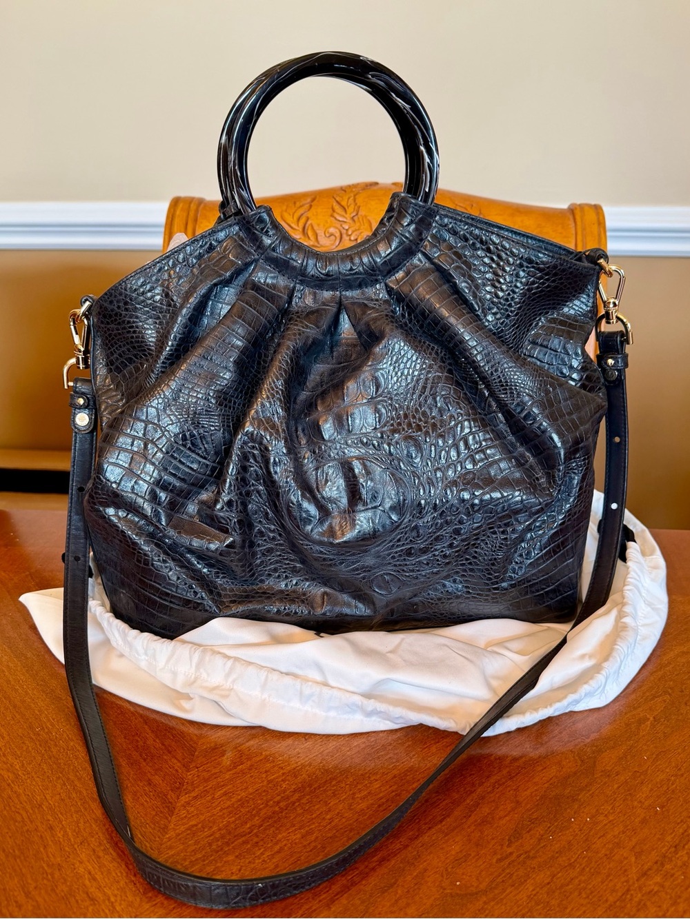Brahmin Black Croc-Embossed Leather Round-Handle Shoulder Bag